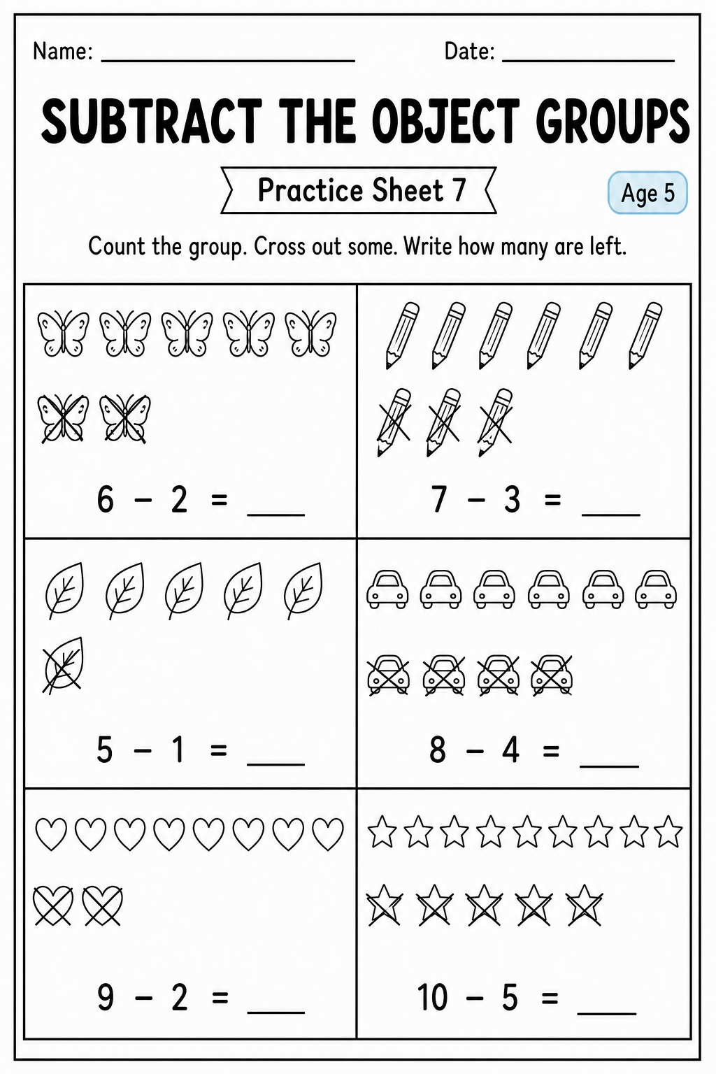 Printable subtract the object groups practice sheet 7 for age 5
