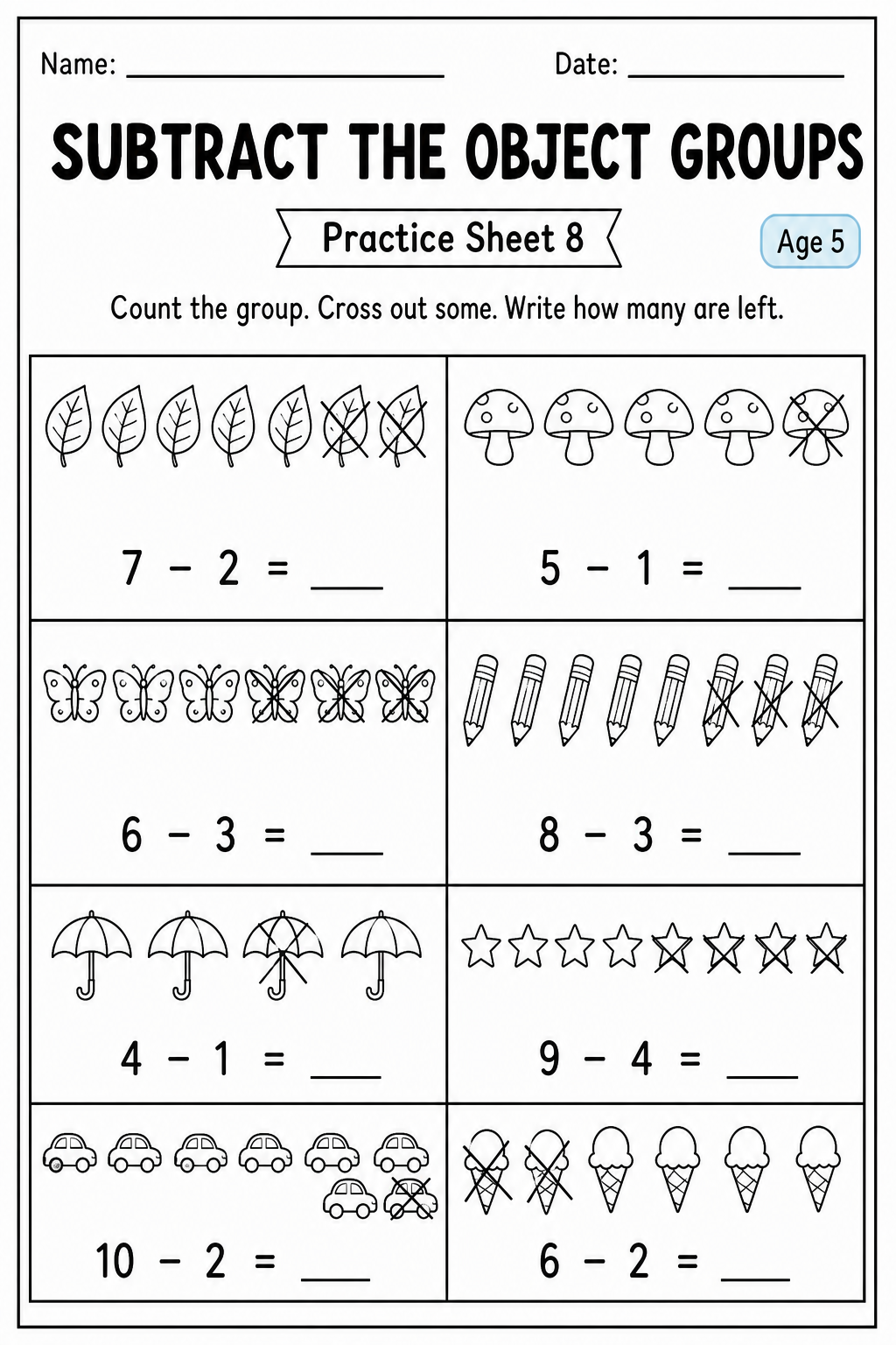 Printable subtract the object groups practice sheet 8 for age 5