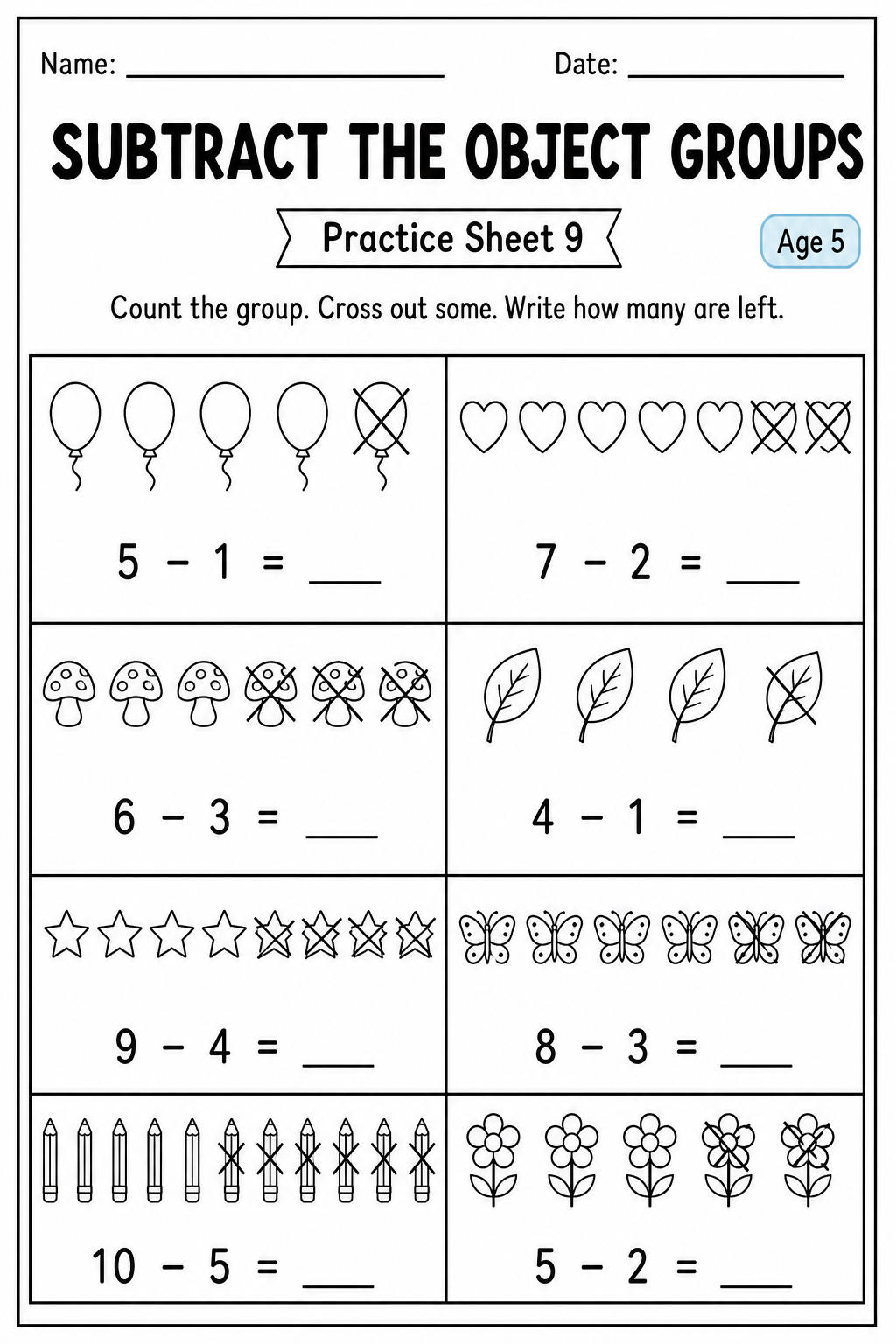 Printable subtract the object groups practice sheet 9 for age 5