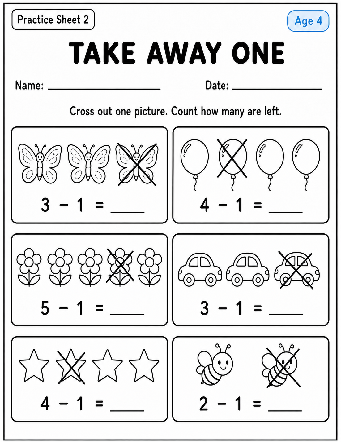Printable take away one practice sheet 2 for age 4