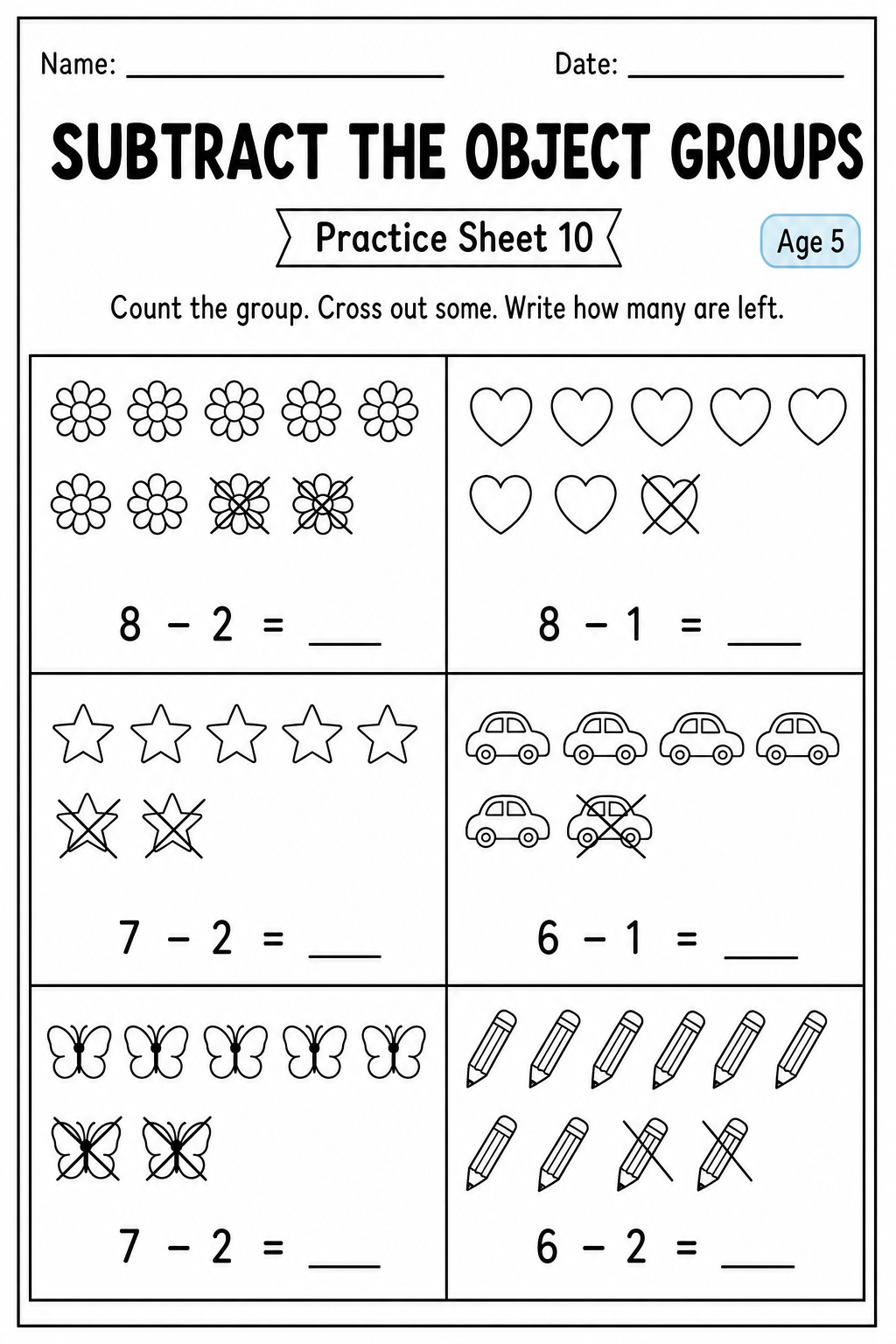 Printable subtract the object groups practice sheet 10 for age 5