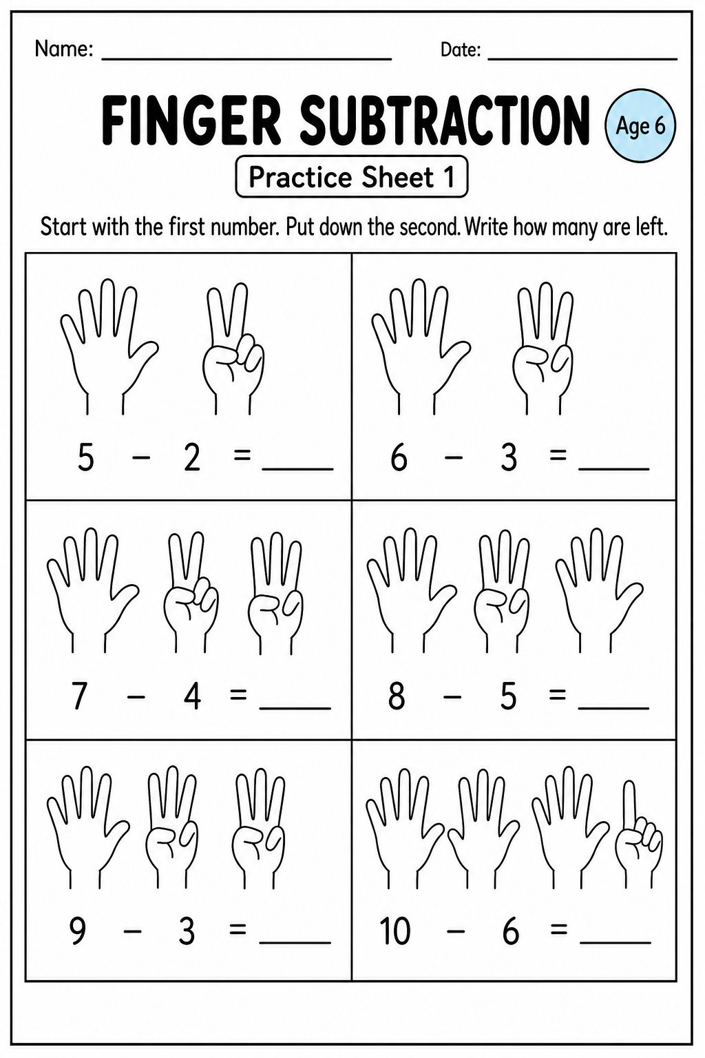 Printable finger subtraction practice sheet 1 for age 6