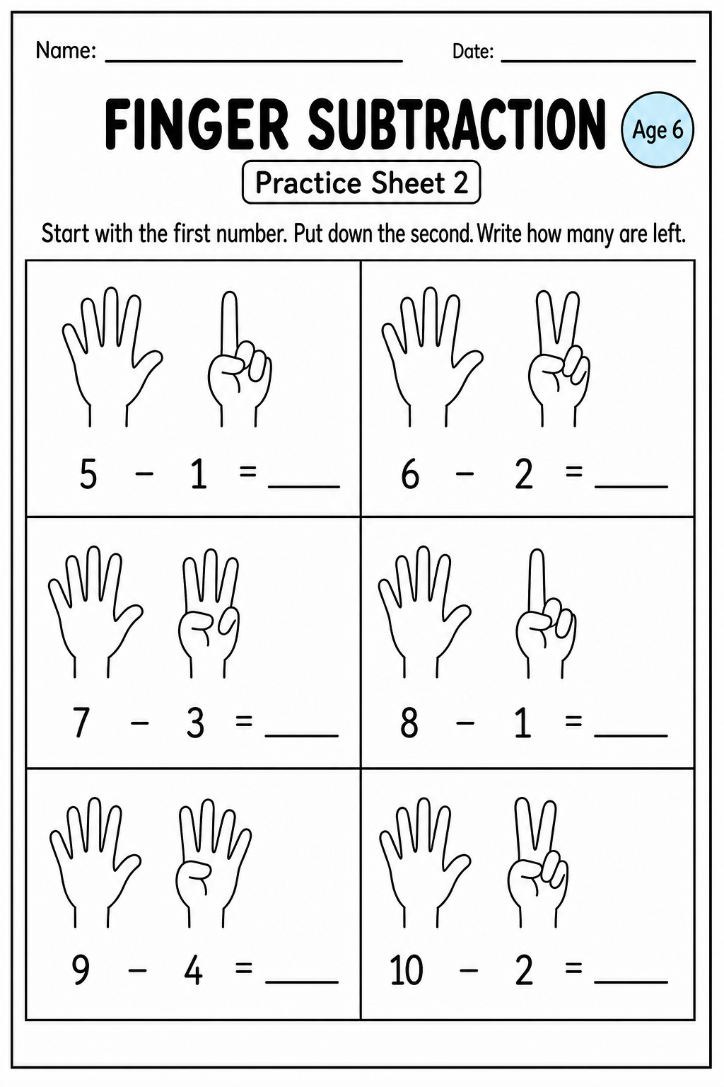 Printable finger subtraction practice sheet 2 for age 6