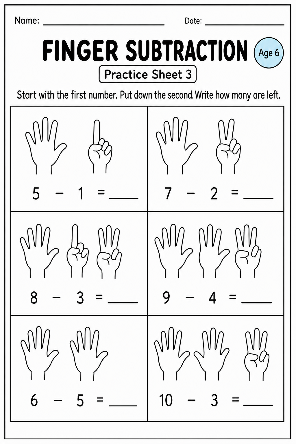 Printable finger subtraction practice sheet 3 for age 6