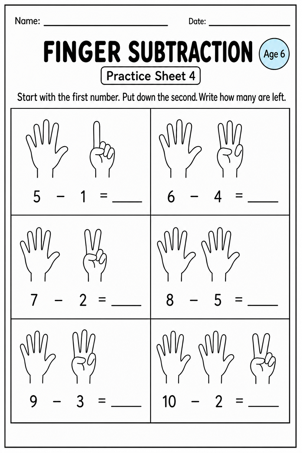 Printable finger subtraction practice sheet 4 for age 6