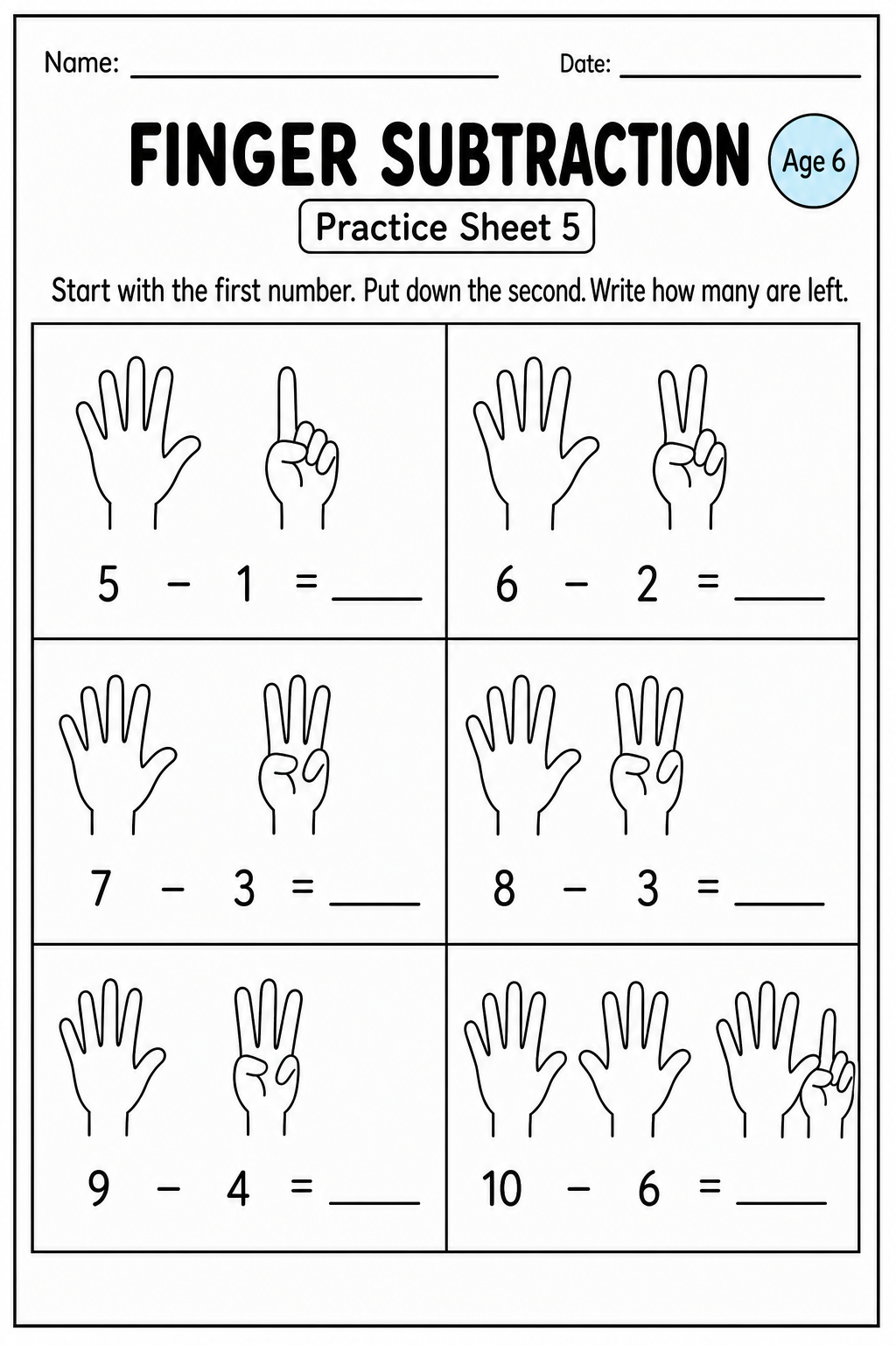 Printable finger subtraction practice sheet 5 for age 6