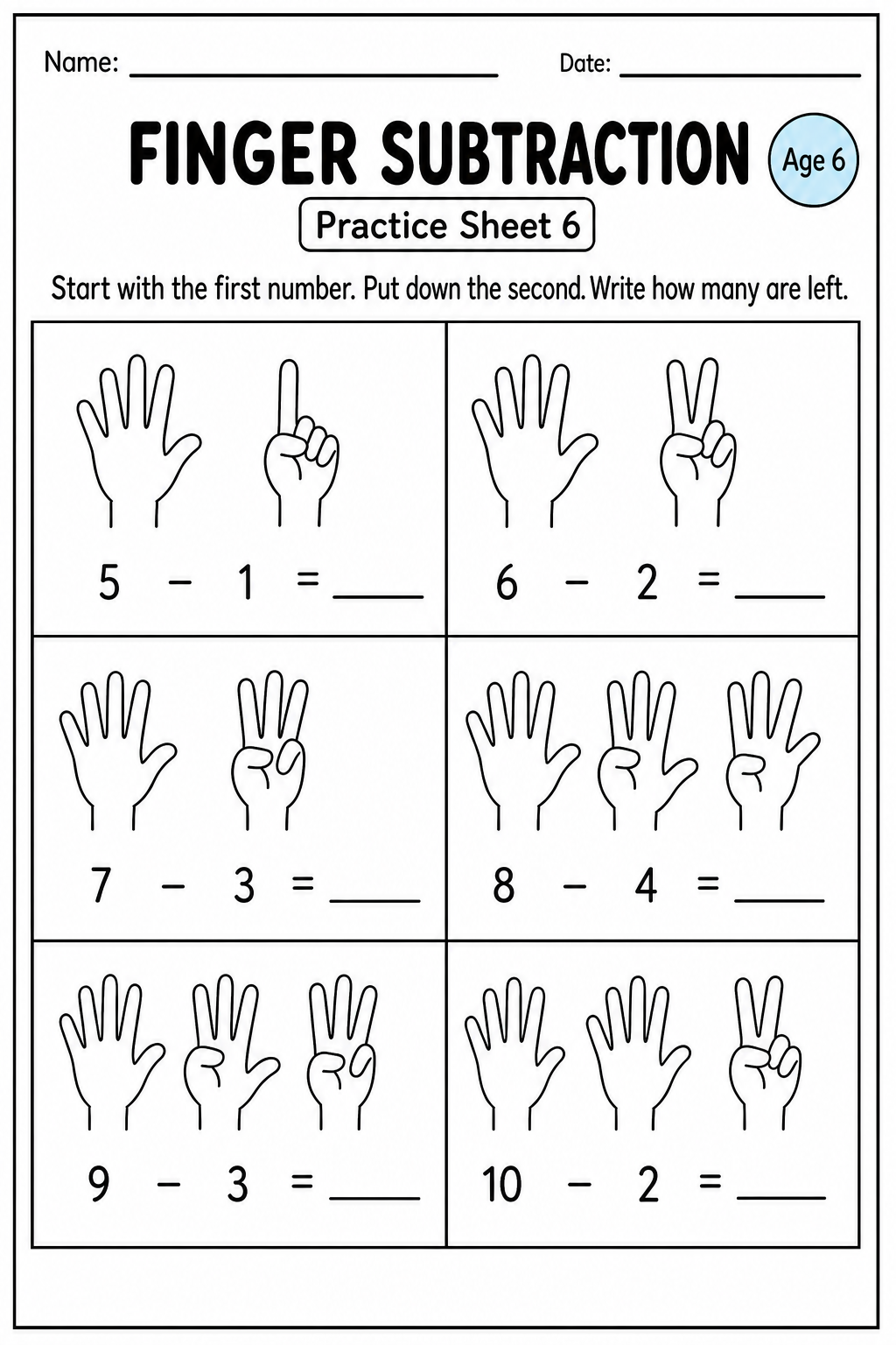 Printable finger subtraction practice sheet 6 for age 6