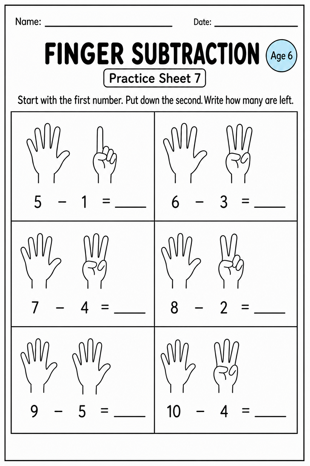 Printable finger subtraction practice sheet 7 for age 6