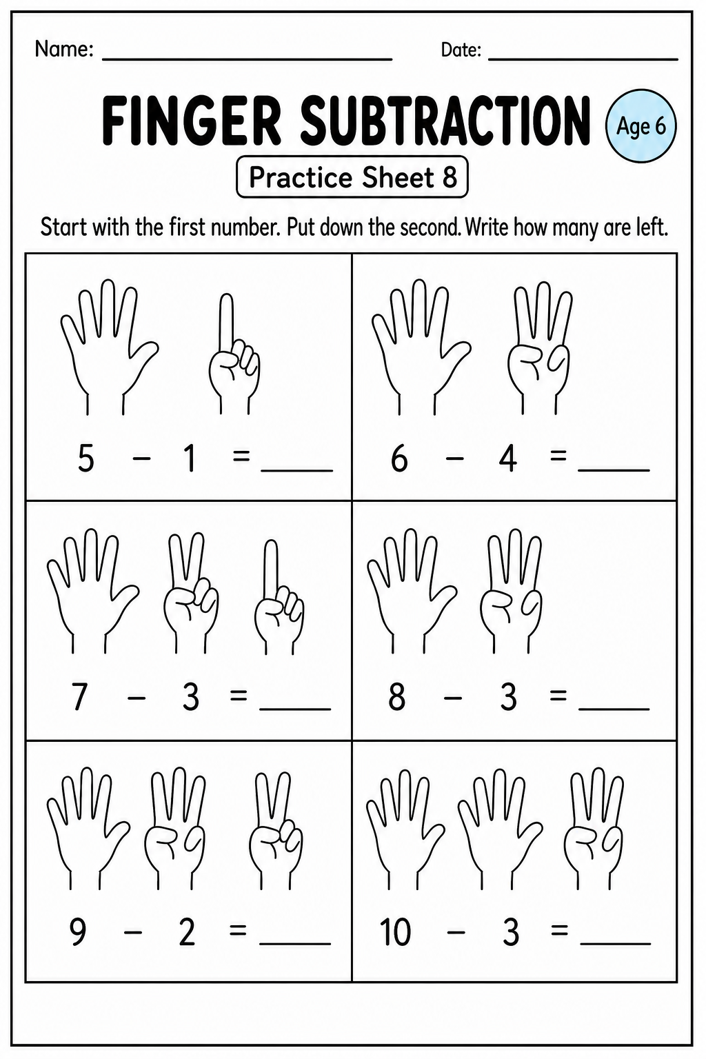 Printable finger subtraction practice sheet 8 for age 6