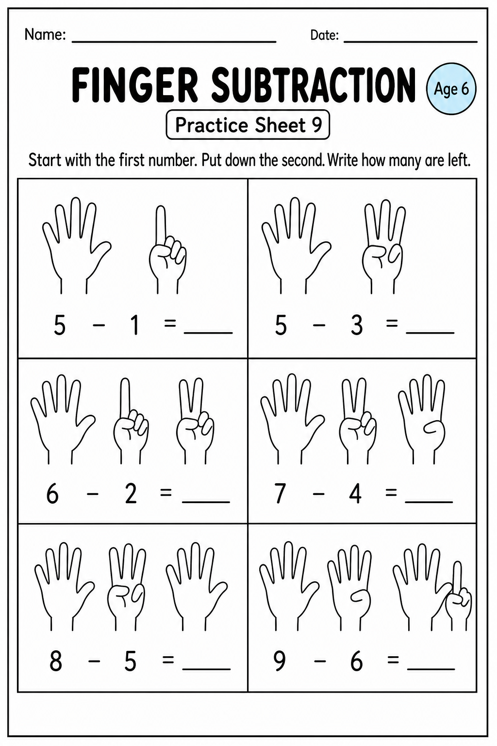 Printable finger subtraction practice sheet 9 for age 6