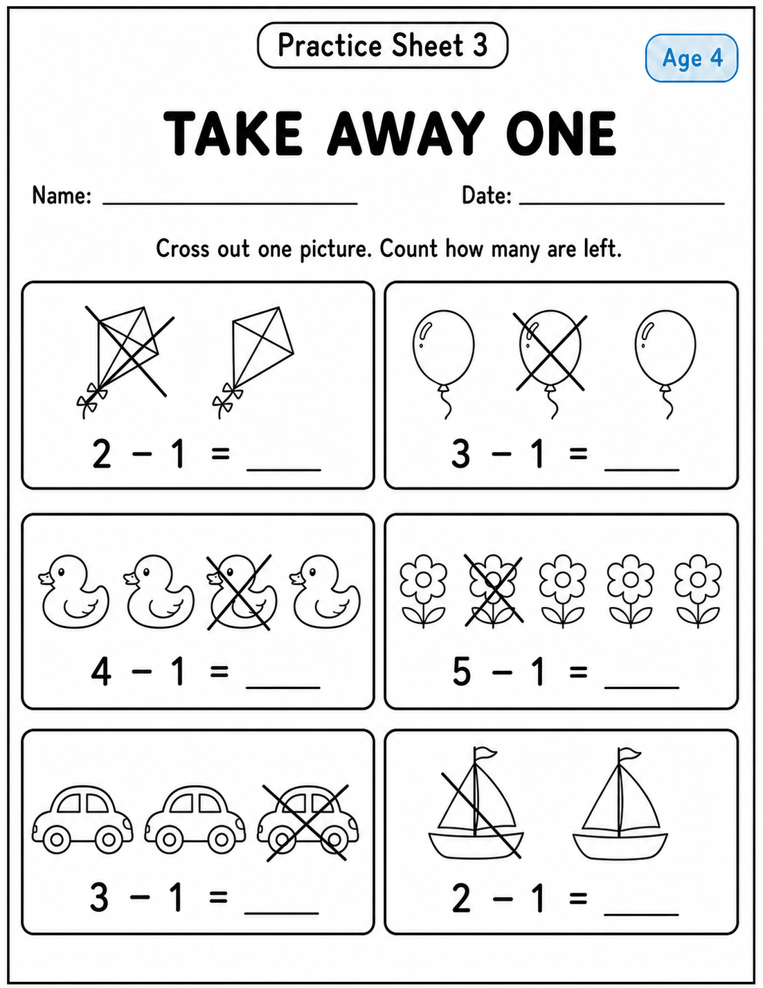 Printable take away one practice sheet 3 for age 4