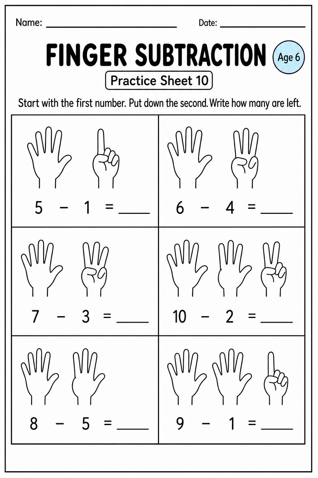 Printable finger subtraction practice sheet 10 for age 6