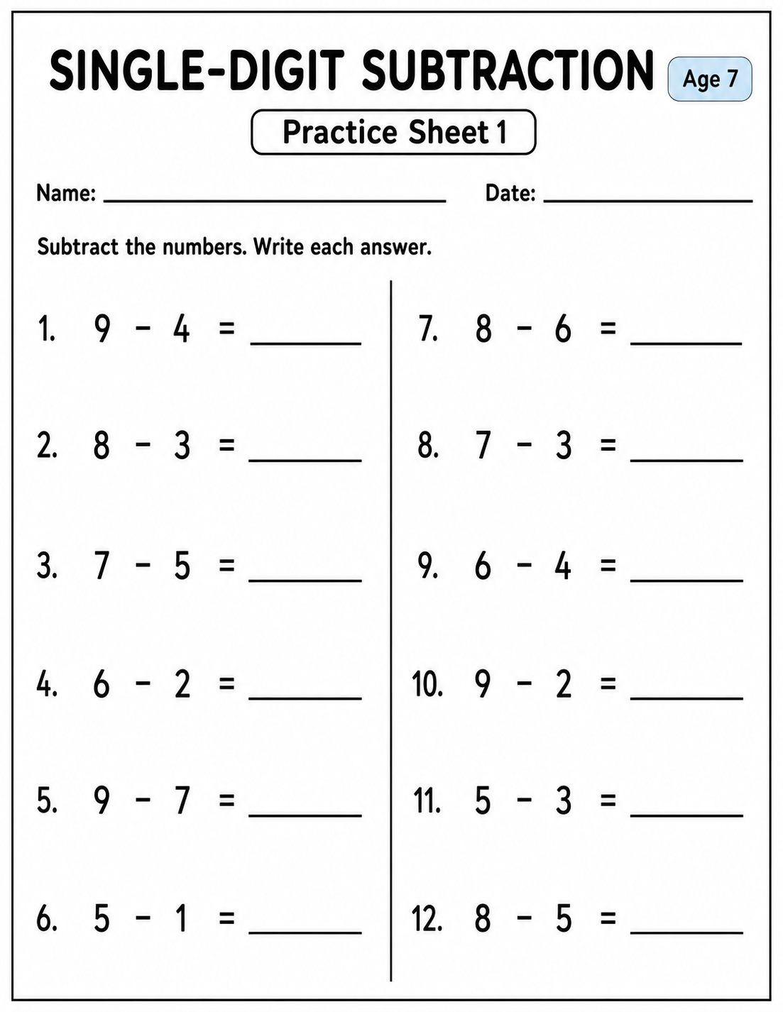 Printable single-digit subtraction practice sheet 1 for age 7