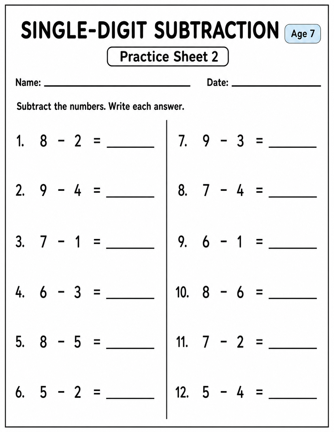 Printable single-digit subtraction practice sheet 2 for age 7