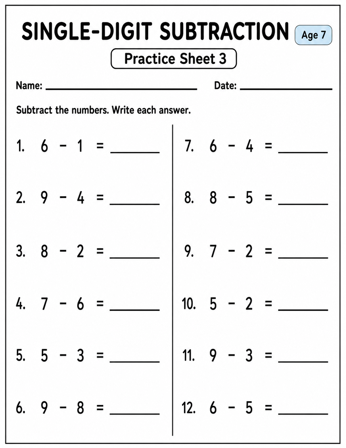Printable single-digit subtraction practice sheet 3 for age 7