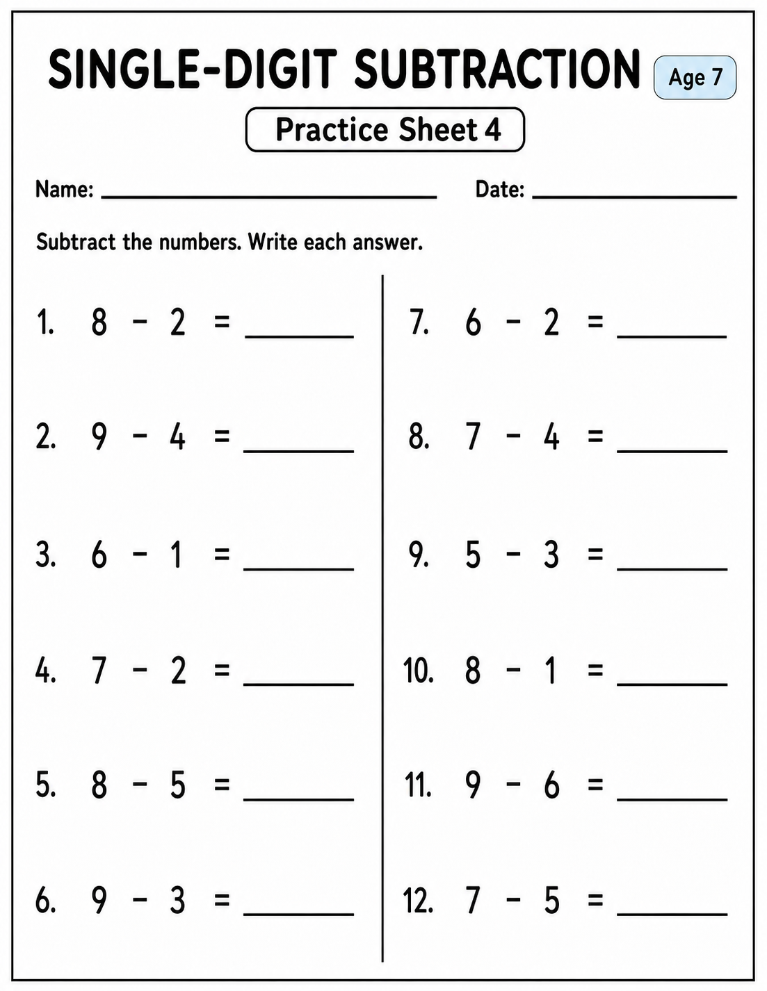 Printable single-digit subtraction practice sheet 4 for age 7