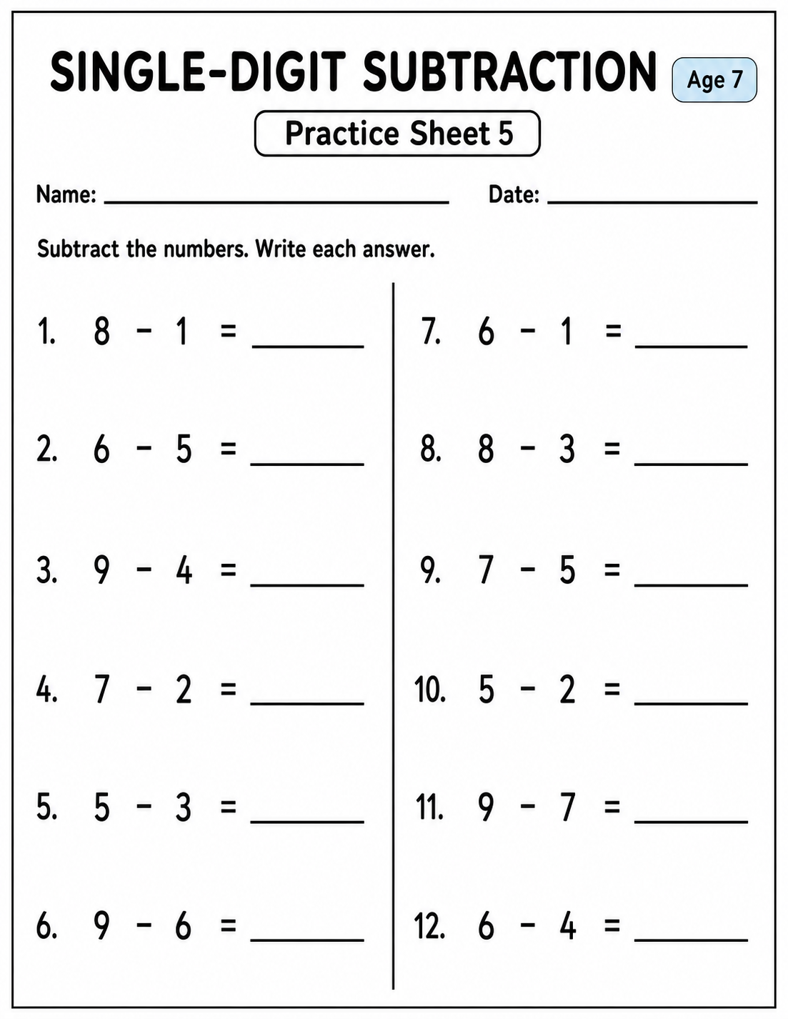Printable single-digit subtraction practice sheet 5 for age 7