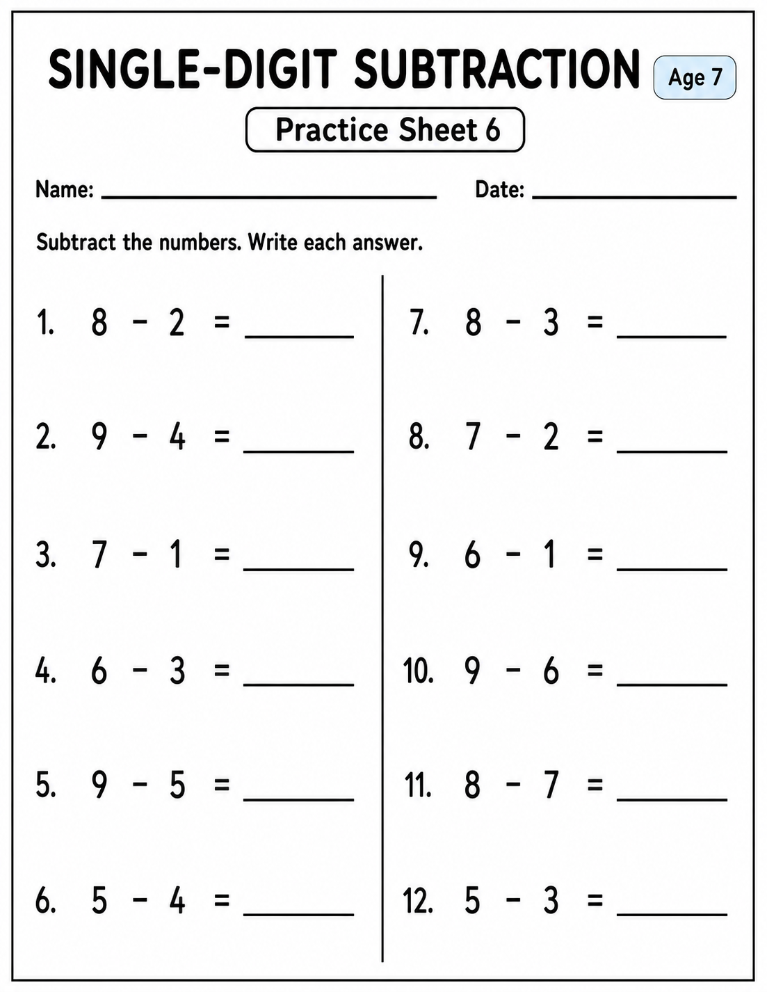 Printable single-digit subtraction practice sheet 6 for age 7