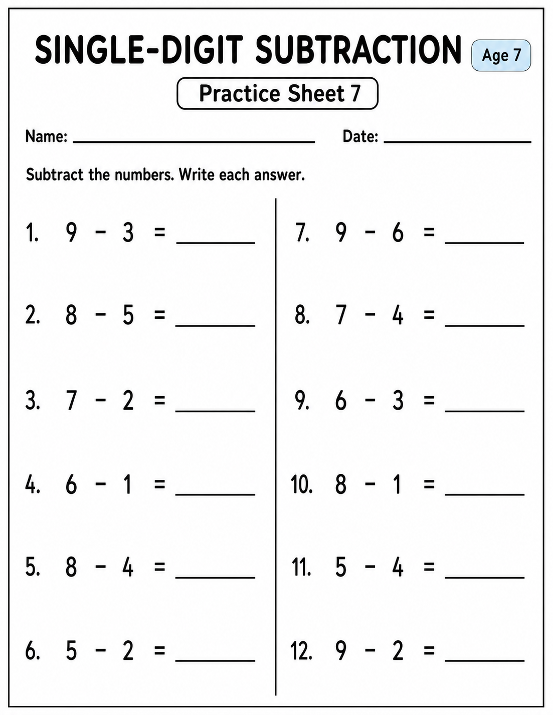 Printable single-digit subtraction practice sheet 7 for age 7