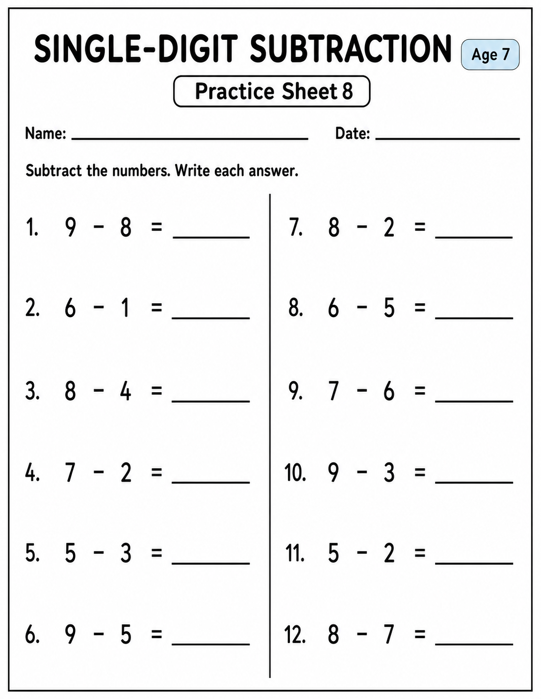 Printable single-digit subtraction practice sheet 8 for age 7