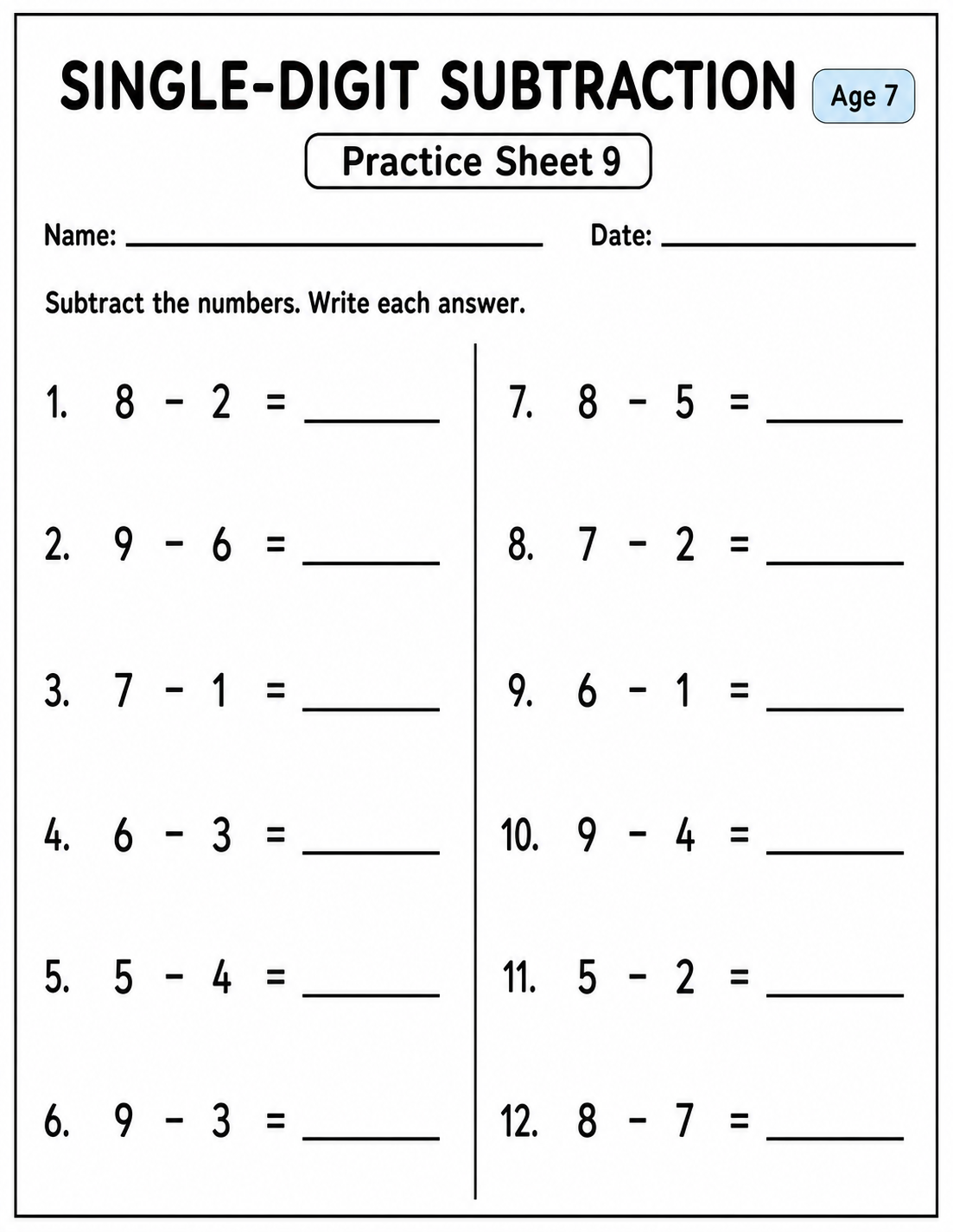 Printable single-digit subtraction practice sheet 9 for age 7