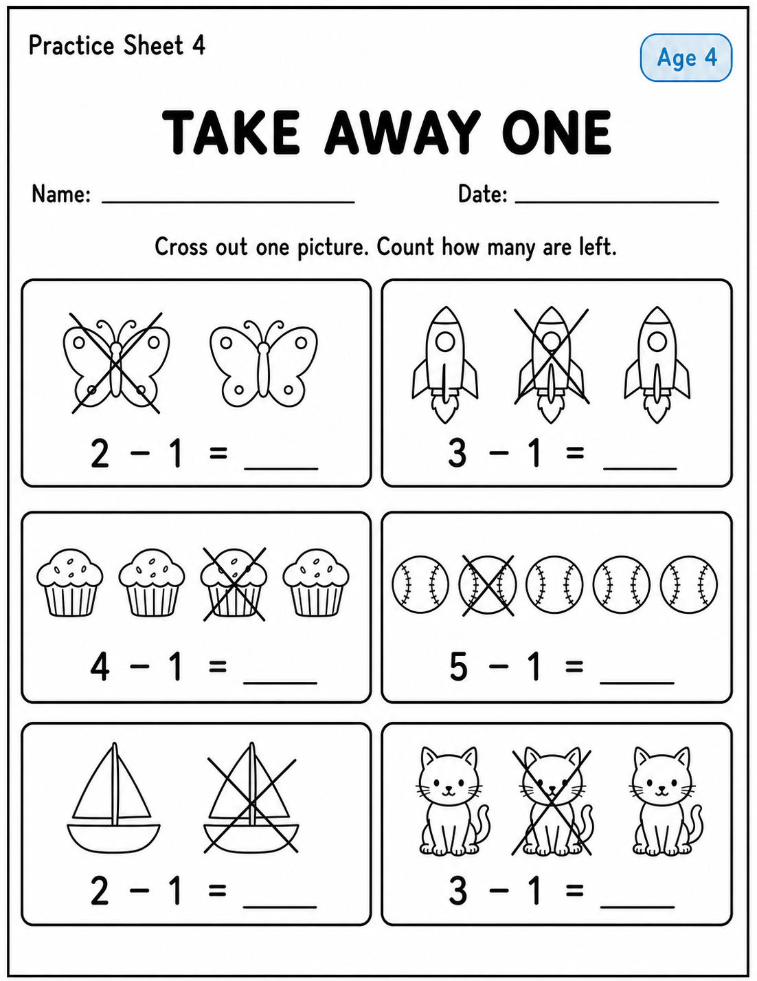 Printable take away one practice sheet 4 for age 4