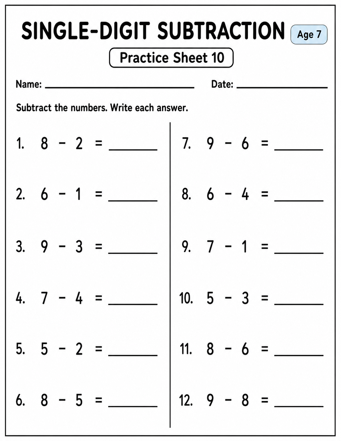 Printable single-digit subtraction practice sheet 10 for age 7