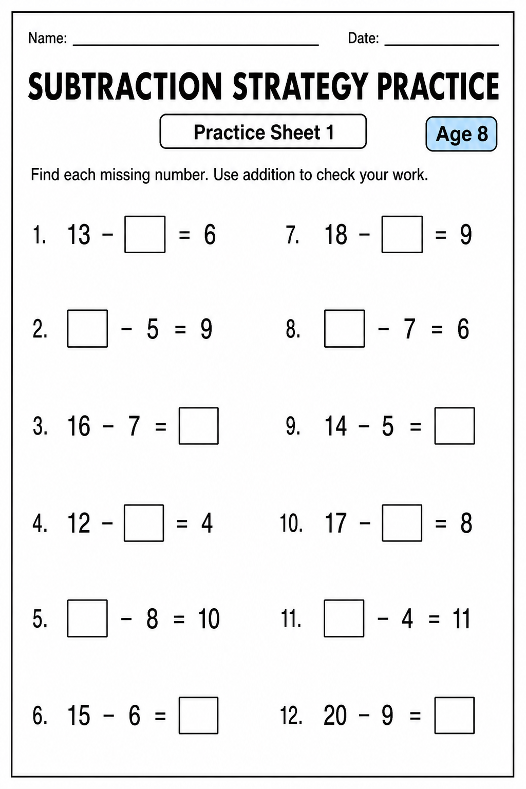 Printable subtraction strategy practice sheet 1 for age 8