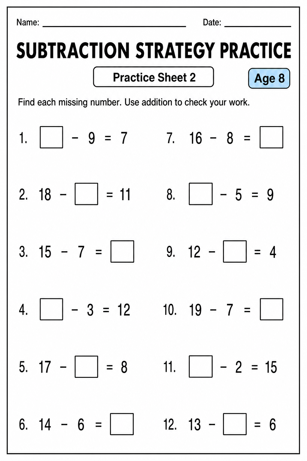 Printable subtraction strategy practice sheet 2 for age 8
