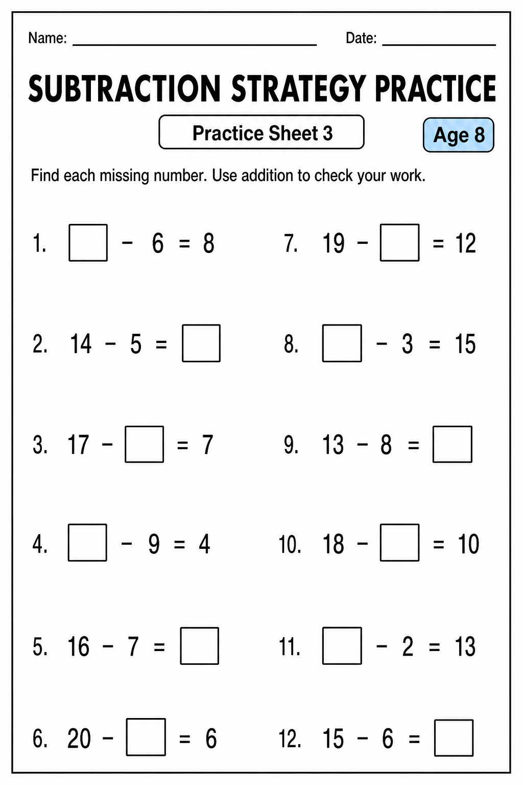 Printable subtraction strategy practice sheet 3 for age 8