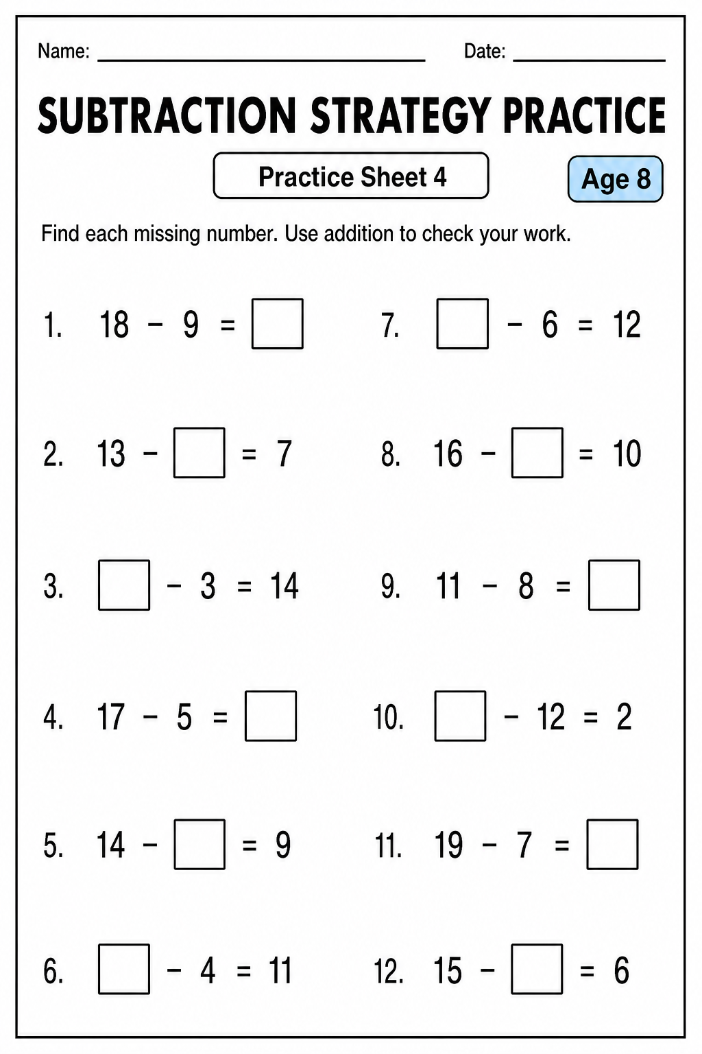 Printable subtraction strategy practice sheet 4 for age 8