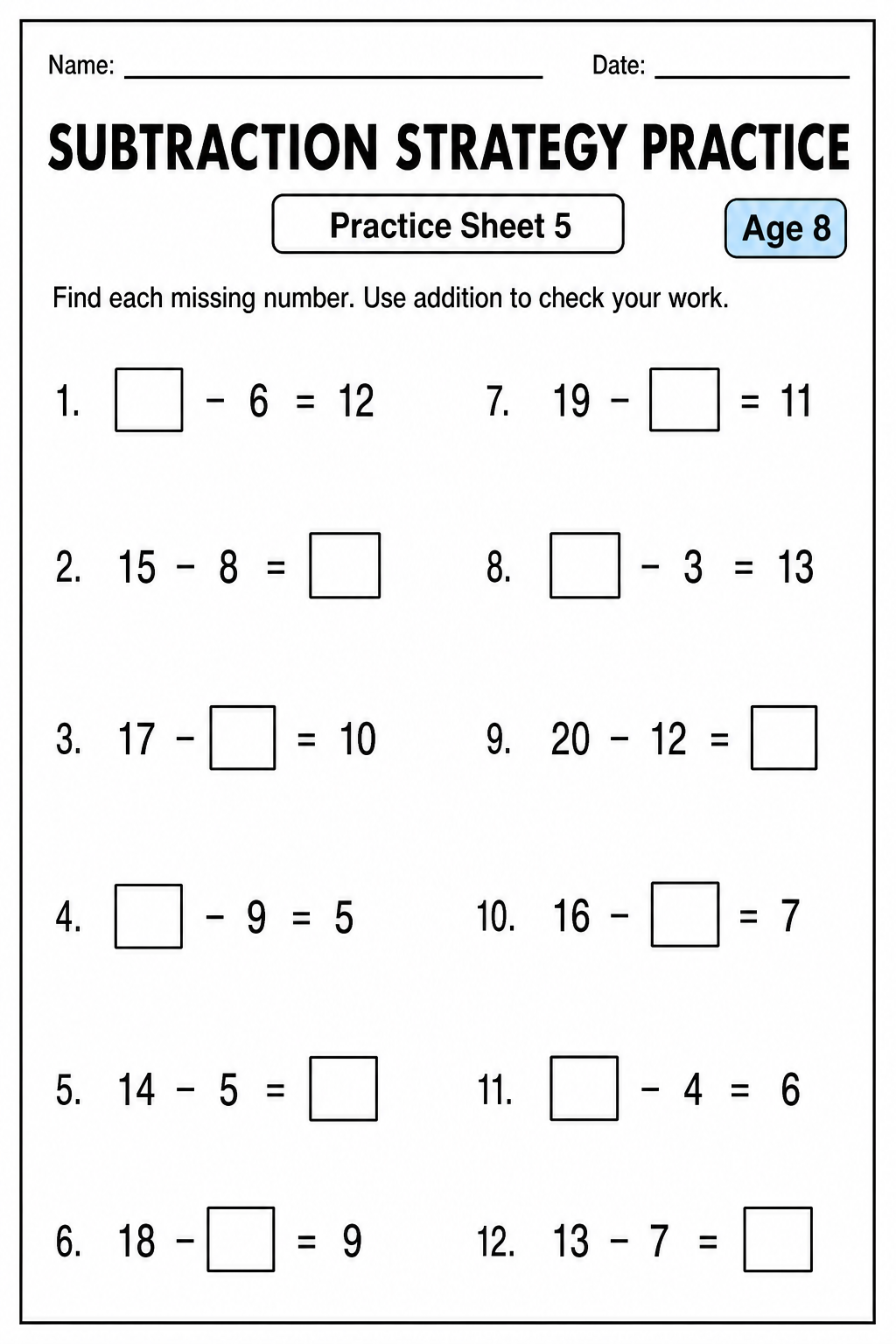 Printable subtraction strategy practice sheet 5 for age 8