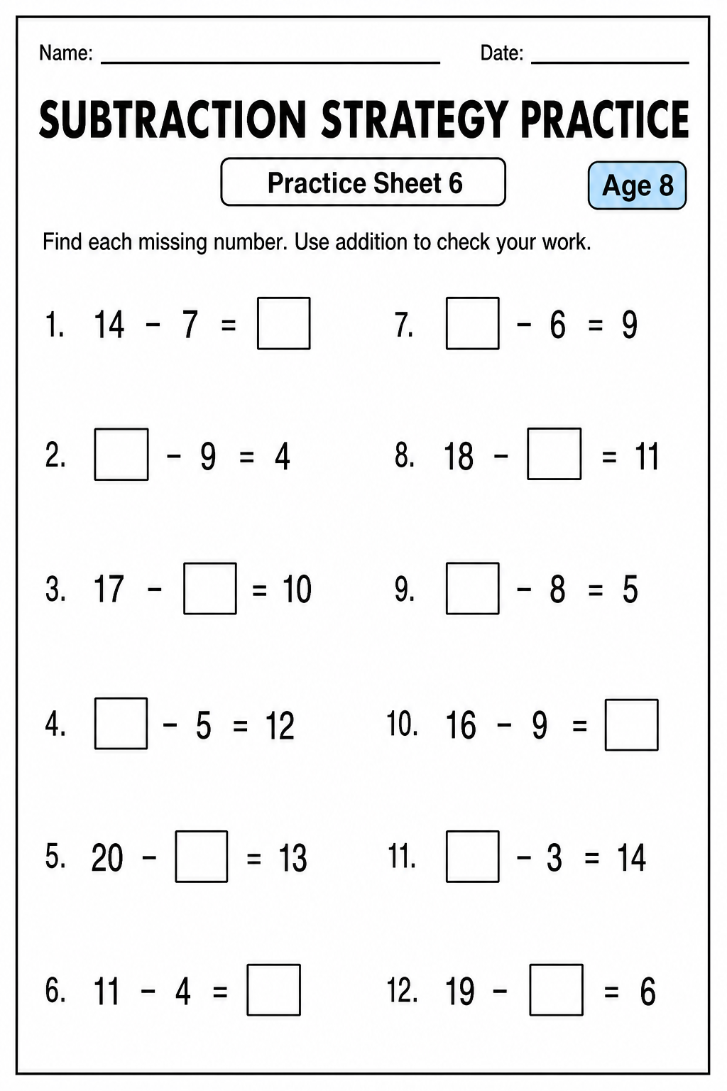 Printable subtraction strategy practice sheet 6 for age 8
