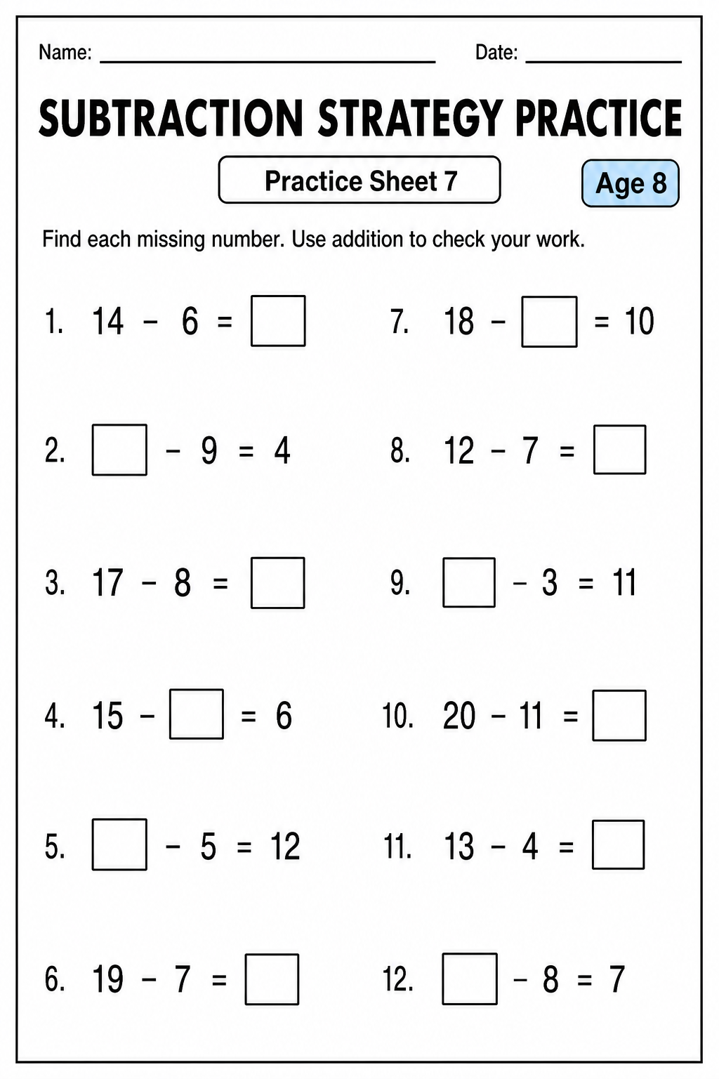 Printable subtraction strategy practice sheet 7 for age 8