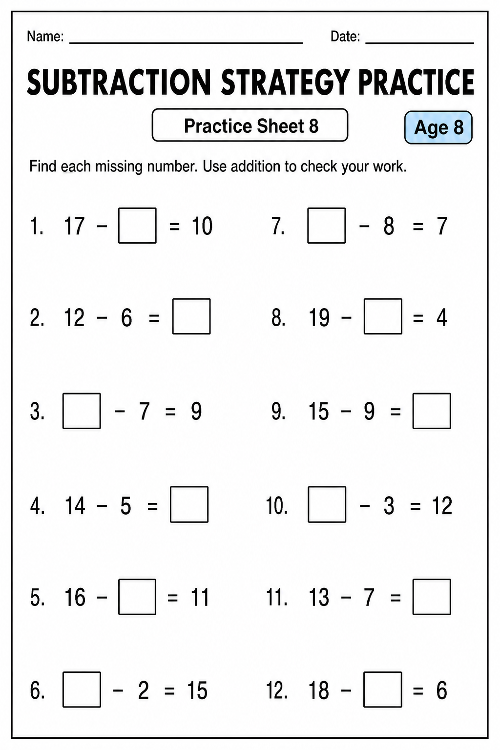 Printable subtraction strategy practice sheet 8 for age 8