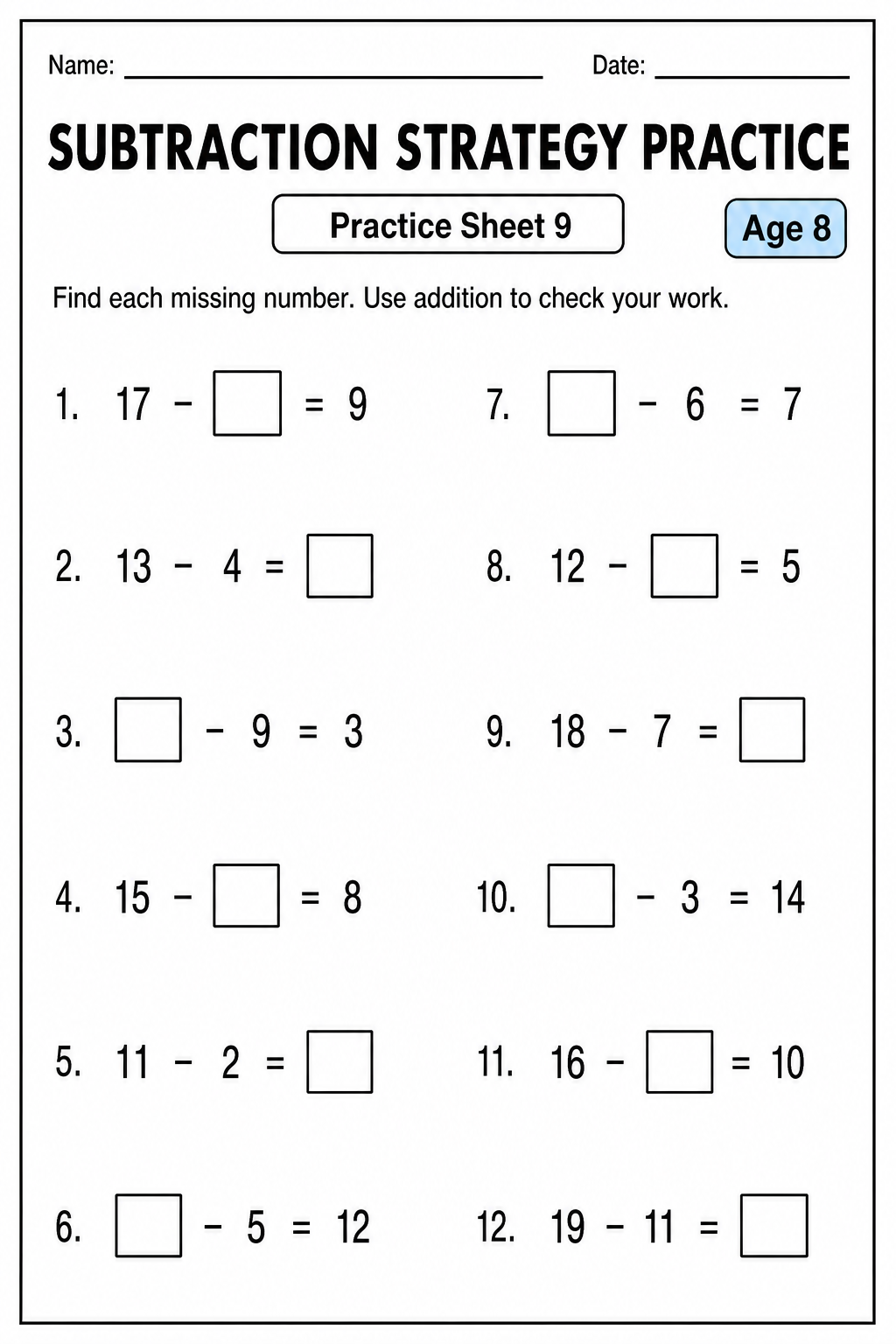 Printable subtraction strategy practice sheet 9 for age 8