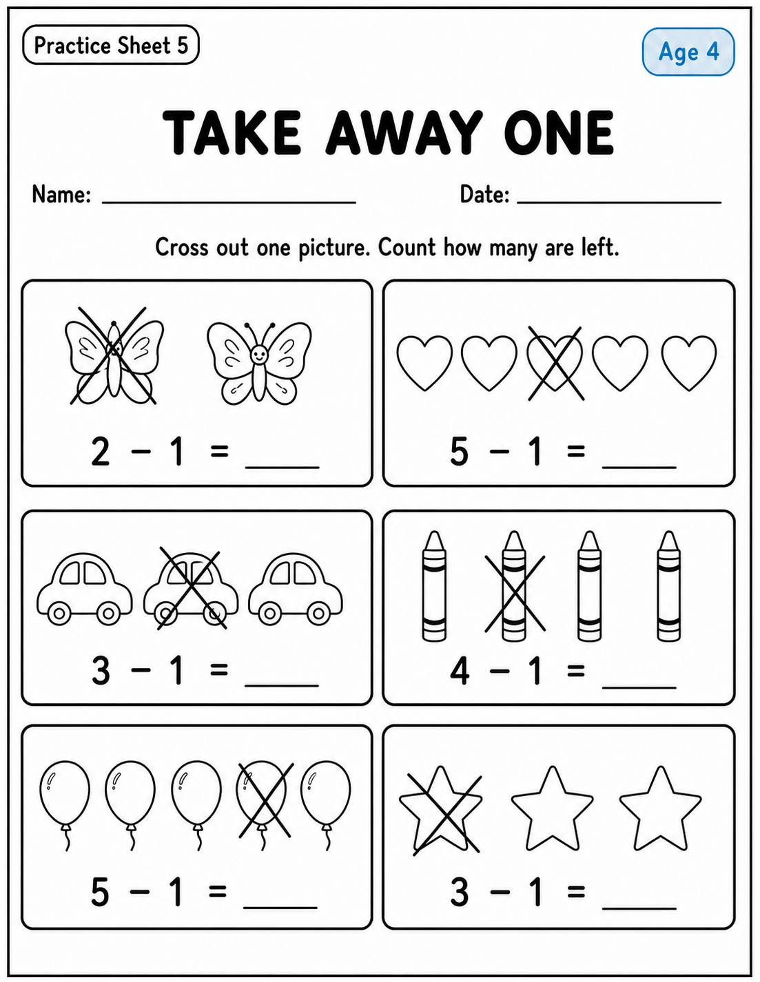 Printable take away one practice sheet 5 for age 4
