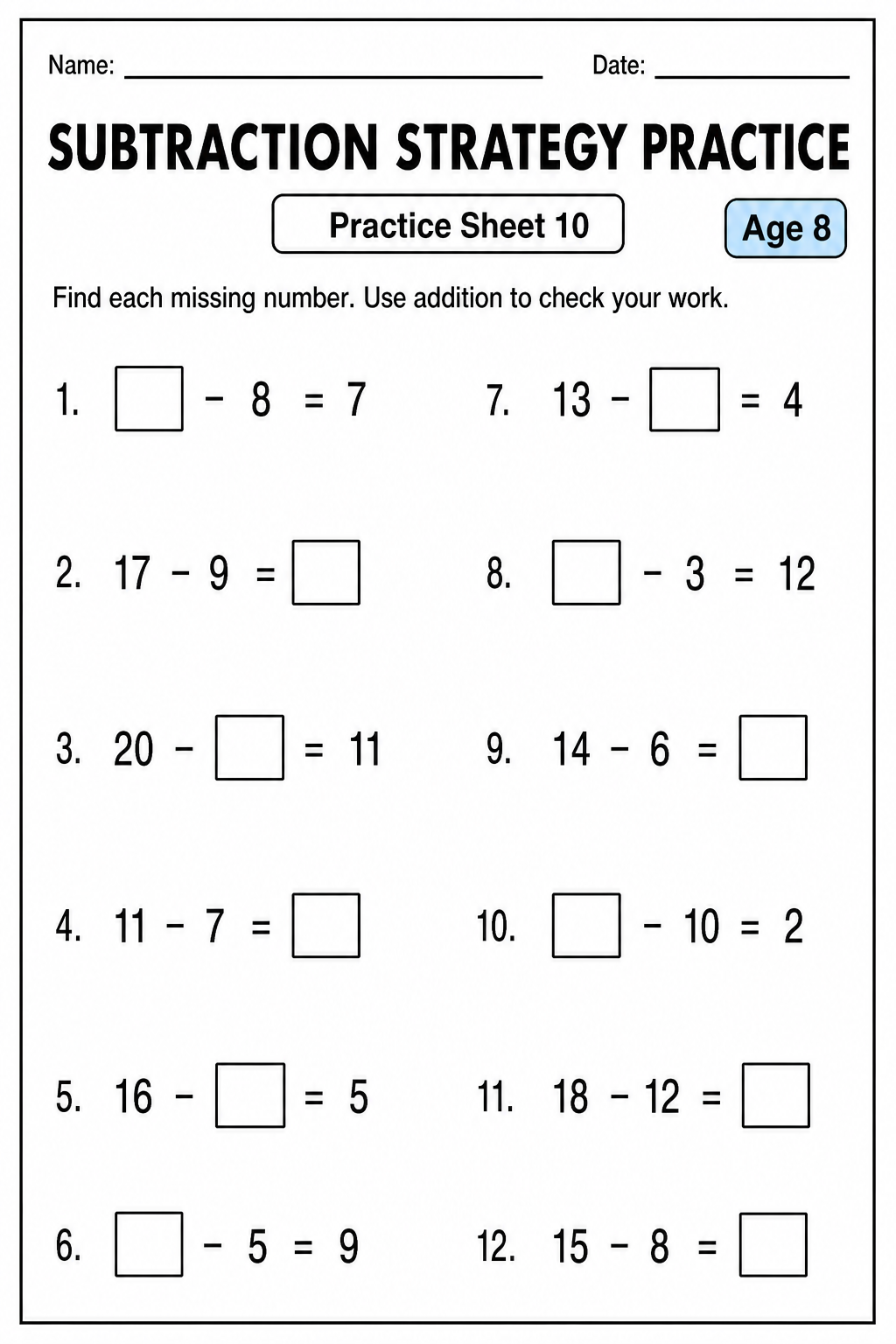 Printable subtraction strategy practice sheet 10 for age 8