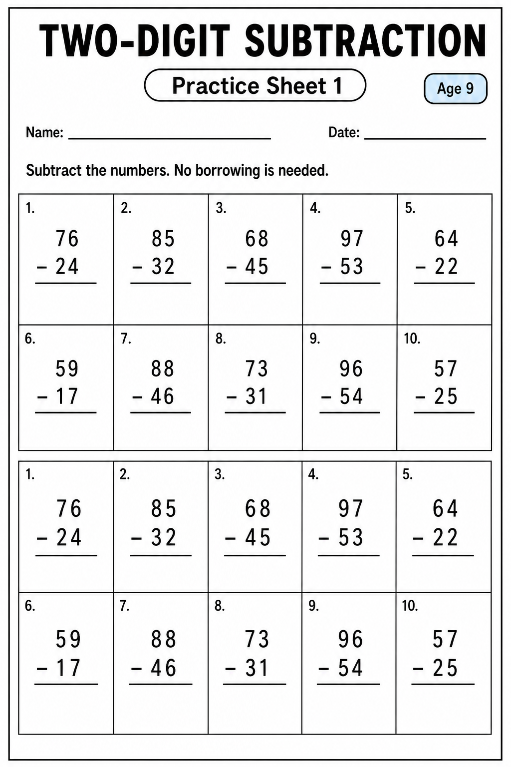 Printable two-digit subtraction practice sheet 1 for age 9