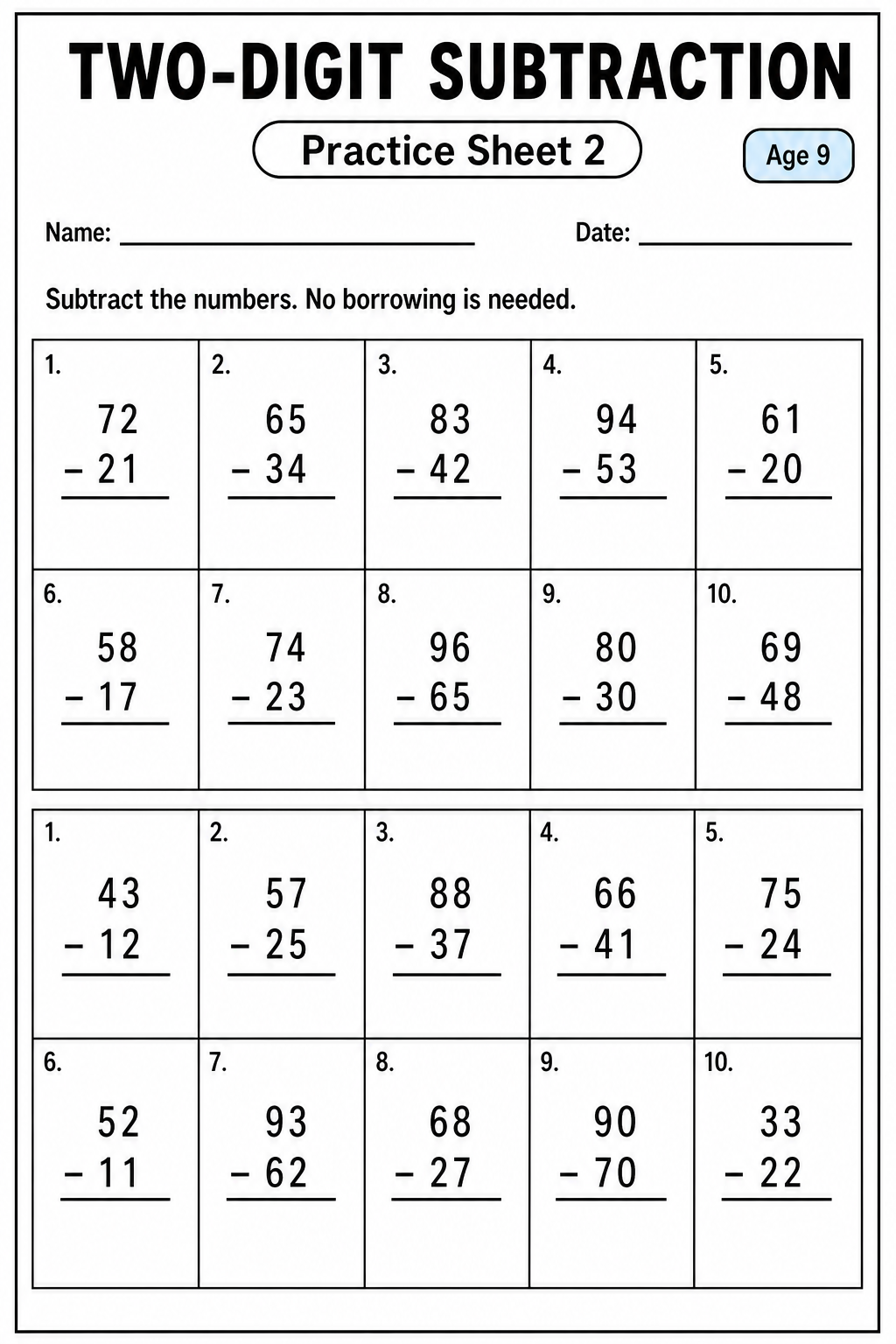Printable two-digit subtraction practice sheet 2 for age 9