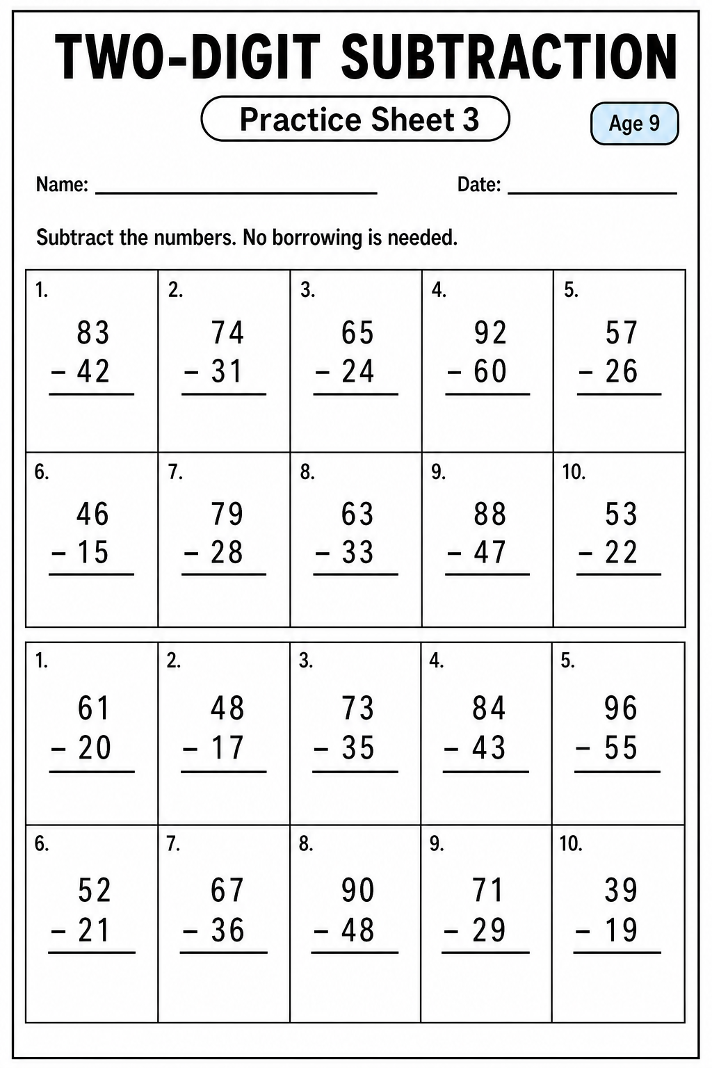 Printable two-digit subtraction practice sheet 3 for age 9