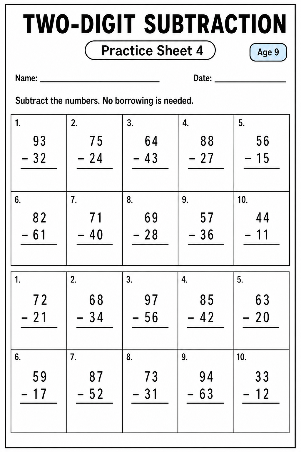 Printable two-digit subtraction practice sheet 4 for age 9