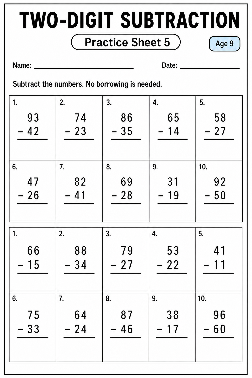 Printable two-digit subtraction practice sheet 5 for age 9