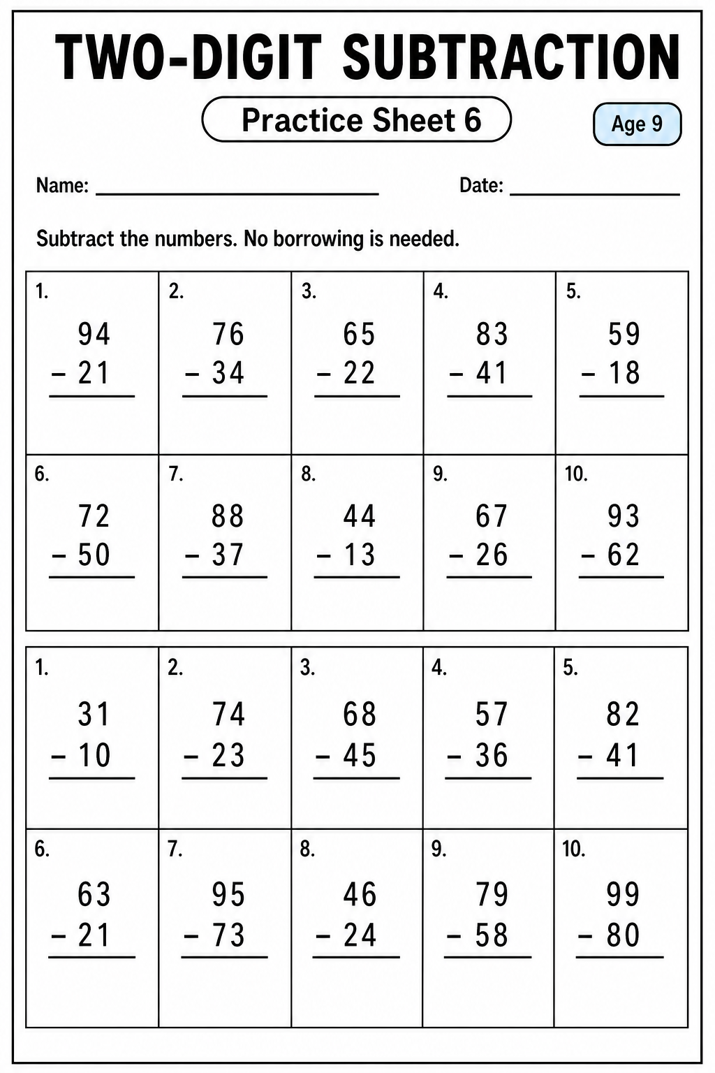 Printable two-digit subtraction practice sheet 6 for age 9