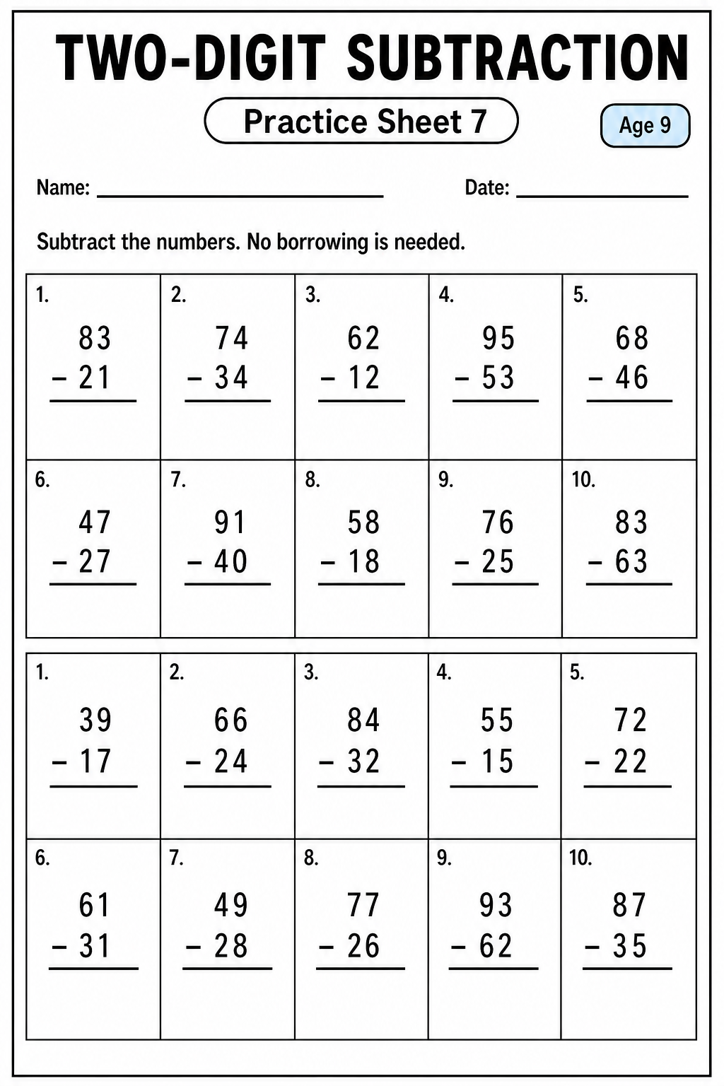 Printable two-digit subtraction practice sheet 7 for age 9