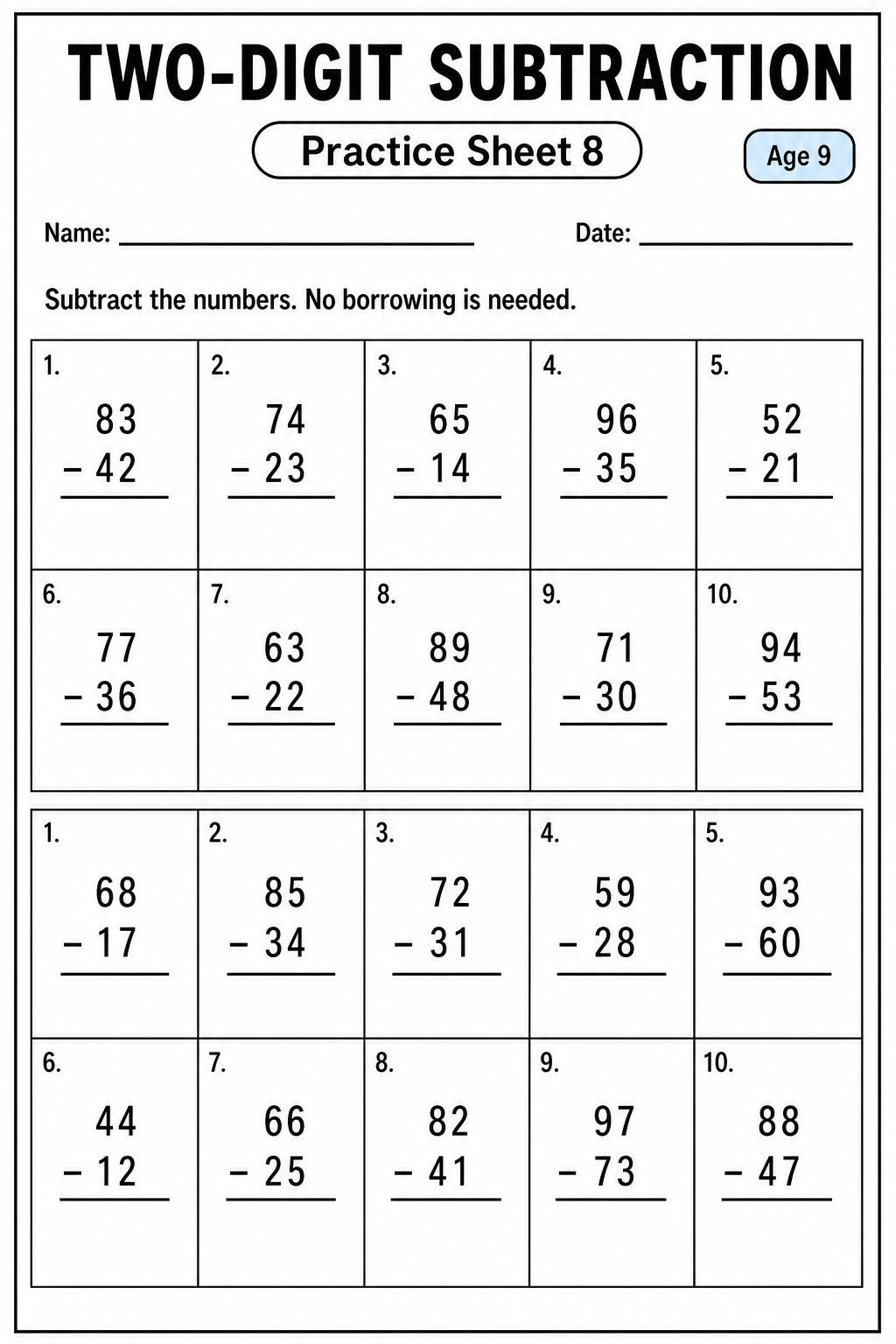 Printable two-digit subtraction practice sheet 8 for age 9