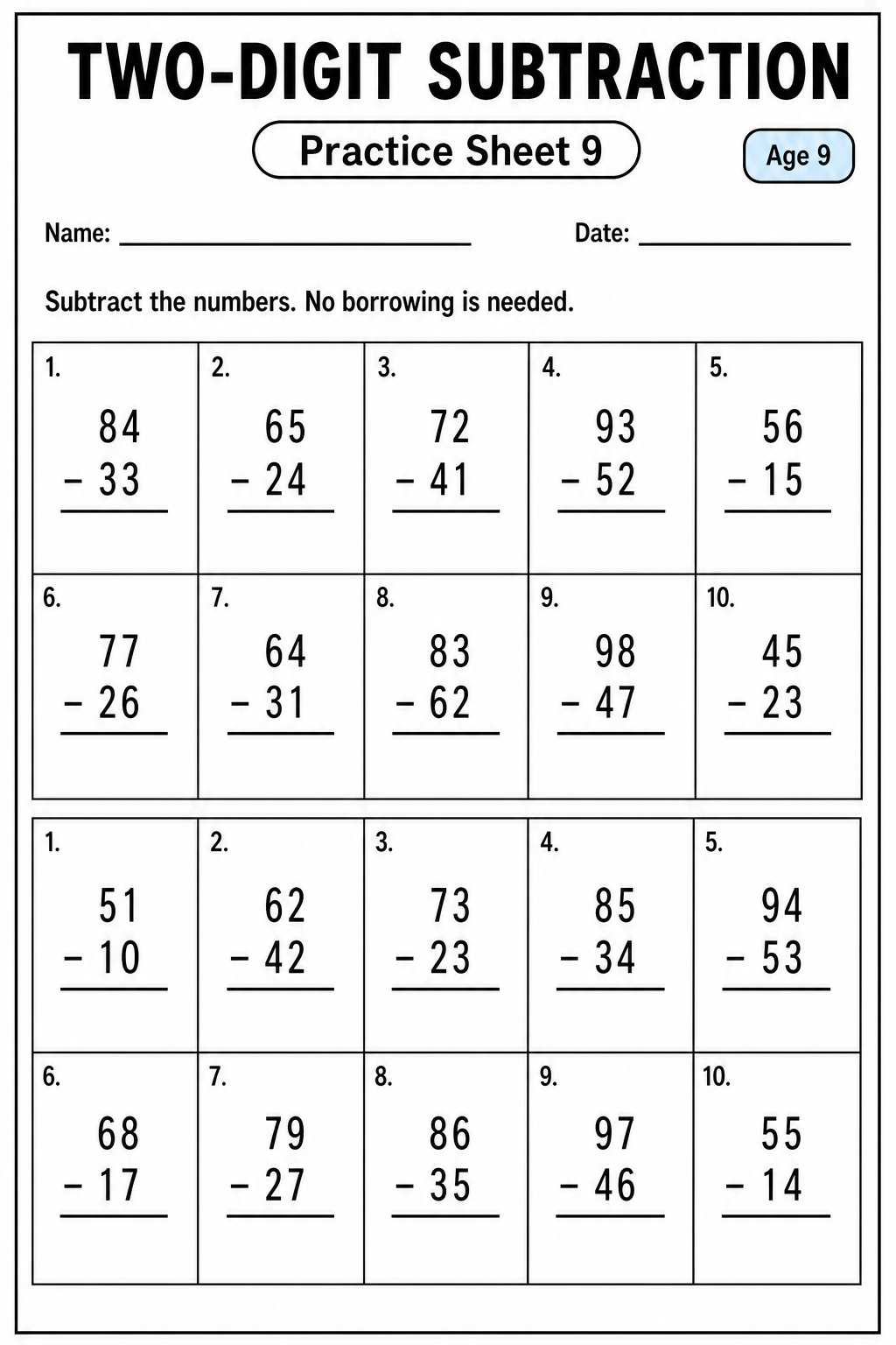 Printable two-digit subtraction practice sheet 9 for age 9