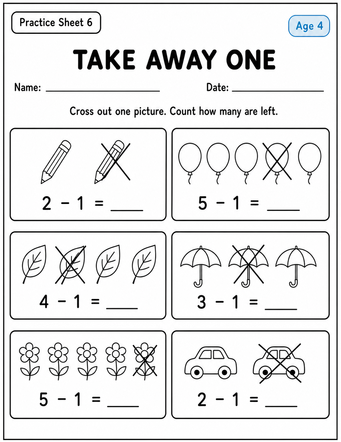 Printable take away one practice sheet 6 for age 4