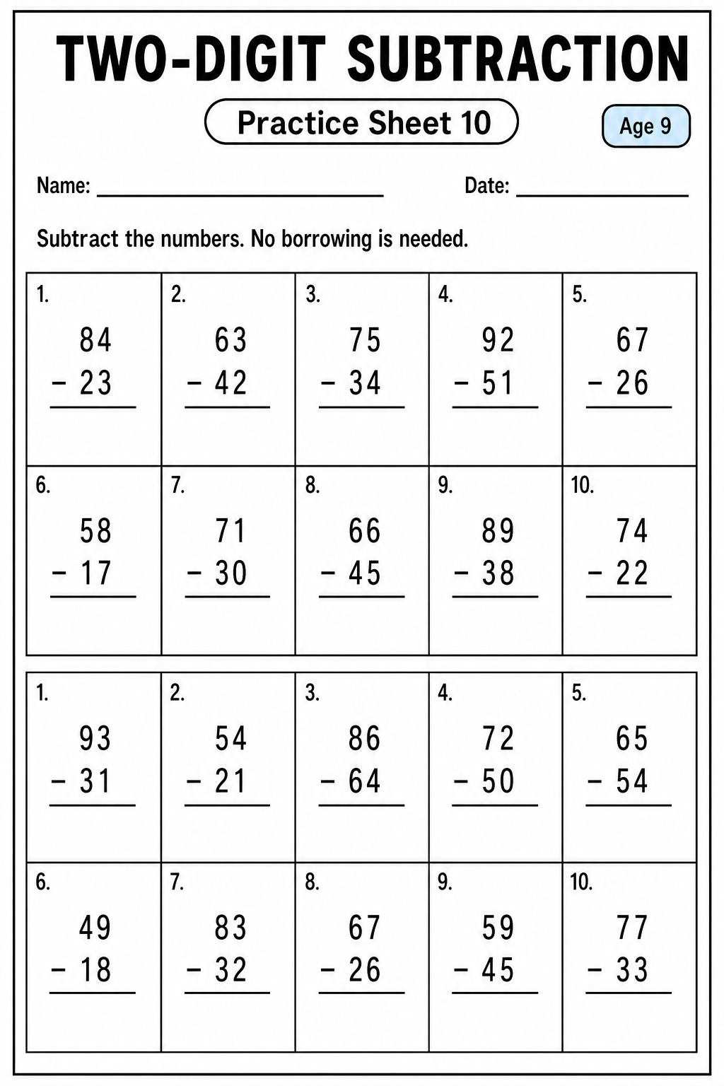 Printable two-digit subtraction practice sheet 10 for age 9