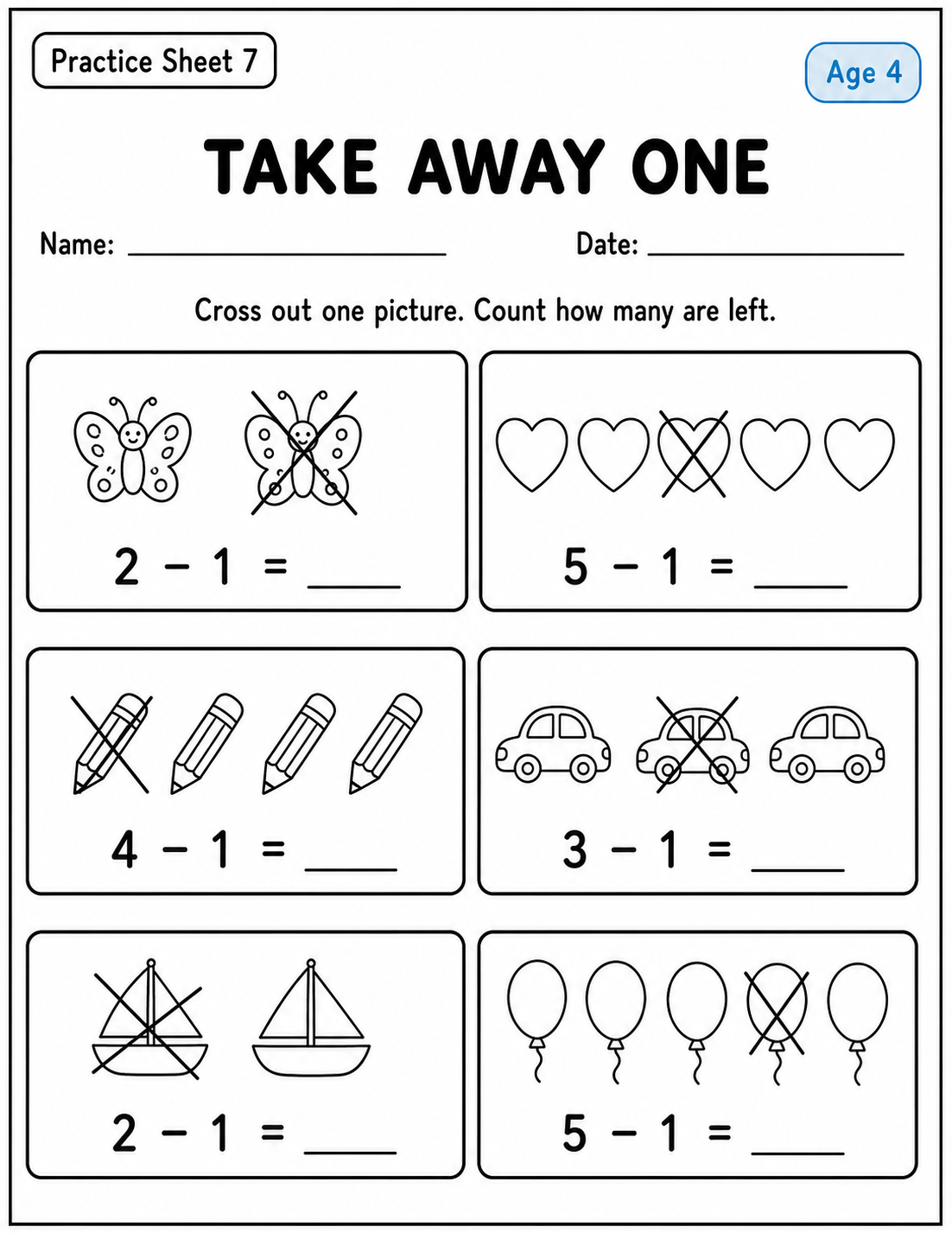 Printable take away one practice sheet 7 for age 4